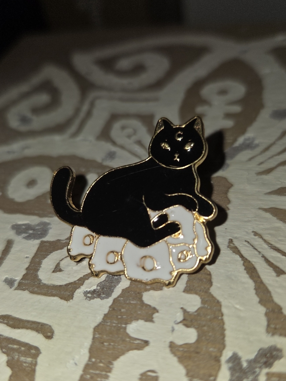 Black Cat Enamel Pin on White Pillow - Cute Cat Lap Accessory